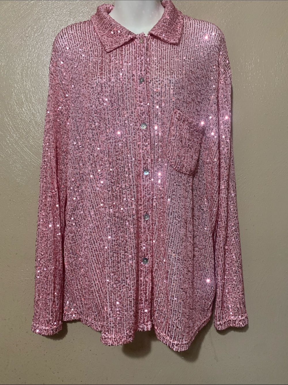 POL size M Oversized Pink Sequin Mesh Button Top Pocket stretchy